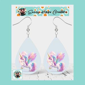 Earrings Colorful Unicorn Rainbow Flowers Fairytale Hand Sublimated Printed